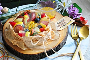 Pretty Summer Fruits Cheesecake Serve on Wooden Board