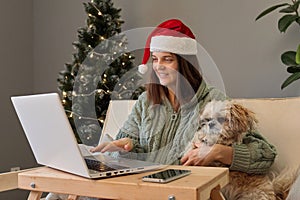 Pretty sweet dark haired woman dressed red Santa Claus hat working online on New Year Eve embracing her pet enjoying her remote