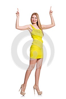 Pretty tall woman in short yellow dress isolated