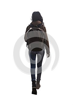 pretty teen urban fashion wear. winter clothes. jacket and skinny jean pants. black long hair pulled back to the side.