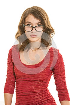 Pretty teenage girl with glasses in red on white