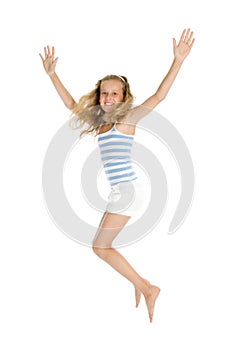 Pretty teenage girl jump and hands up