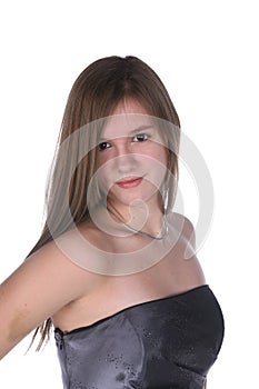 Pretty teenage girl in silver strapless gown photo