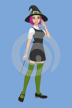 Pretty teenage schoolgirl witch holding a wand