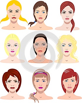 Vector illustrations of beautiful young girls with various faces and hair style