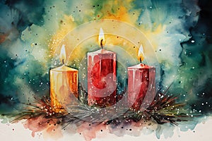 Pretty vibrant Watercolour style candle christmas scene