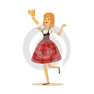 Pretty waitress in a red Bavarian traditional costume holding beer mug, Oktoberfest beer festival vector Illustration