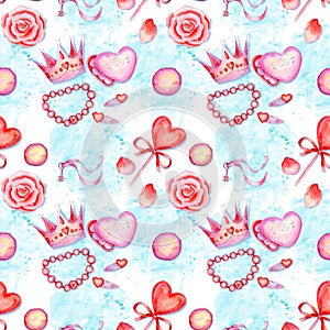Pretty watercolor seamless pattern with little princess accessories on splattered background