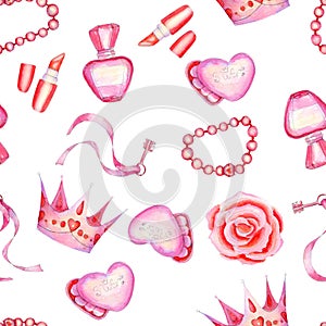 Pretty watercolor seamless pattern with little princess accessories on white