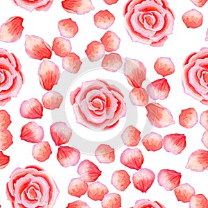 Pretty watercolor seamless pattern with roses and petals on white background