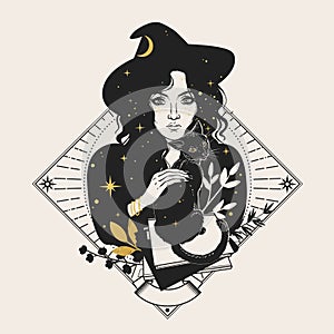 Pretty witch with black cat. Vector hand drawn illustration