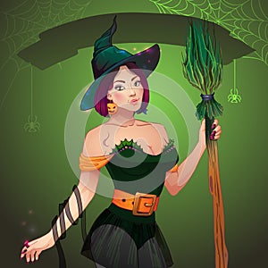 Pretty Witch Halloween.Sexy girl with broom and hat. Greeting card Happy Halloween