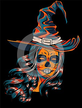 Pretty witch with hat on black background. Vector hand drawn illustration