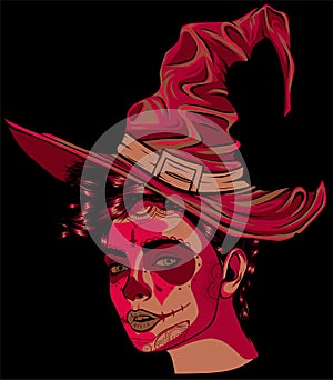 Pretty witch with hat on black background. Vector hand drawn illustration