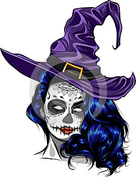 Pretty witch with hat. Vector hand drawn illustration