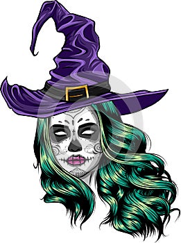 Pretty witch with hat. Vector hand drawn illustration