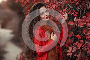 Pretty Woman autumn outdoor portrait. Young beautiful brunette i