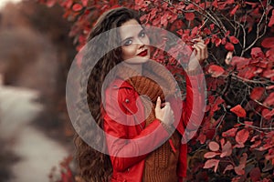 Pretty Woman autumn outdoor portrait. Young beautiful brunette i photo