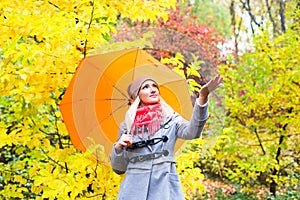Pretty woman on backdrop of autumn leaves - seasonal relax concept