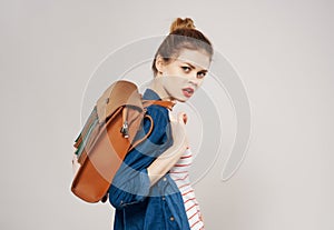 pretty woman backpack posing student fashion modern style