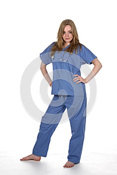 Pretty woman in blue medical scrubs