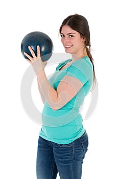Pretty woman with bowling ball isolated on white