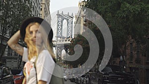 Pretty Woman at The Brooklyn Bridge in New York City at Sunrise