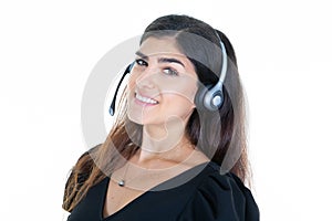 Pretty woman in call center smiling cheerful support phone operator portrait in phone headset business office