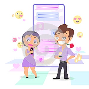 Pretty woman is chatting with handsome man with smartphone. Dating and virtual relationship concept. Chat bubbles and