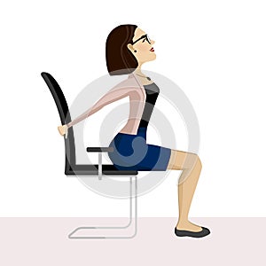 Pretty woman is doing exercise on the office chair. Business woman in healthy warm up pose.