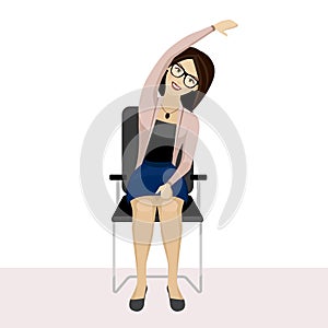 Pretty woman is doing exercise on the office chair. Business woman in healthy warm up pose.