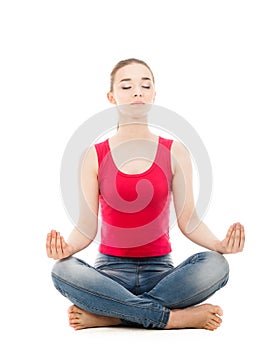 Pretty woman doing yoga exercise isolated