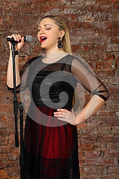 Pretty woman in dress sings into microphone near photo