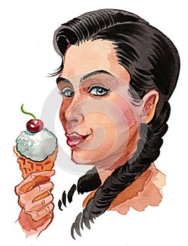Pretty woman eating an ice cream cone