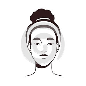 Pretty woman face portrait. Beauty girl with headband on head and hair bun. Young beautiful female with clean smooth