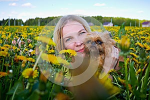 Pretty woman on a field with green grass and yellow dandelion flowers in a sunny day. Girl on nature with yellow flowers and blue