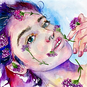 Pretty woman with flowers on face hand drawn watercolor illustration