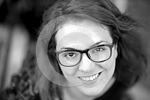 Pretty Woman with Glasses, Close Up Upper View Portrait, In Black and White