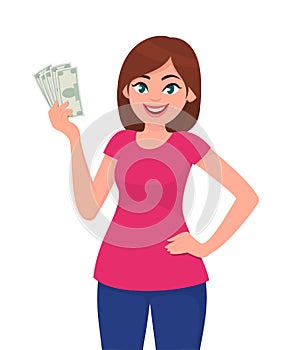 Pretty woman holding cash/money/currency notes in hand. Business and finance concept illustration in vector cartoon.