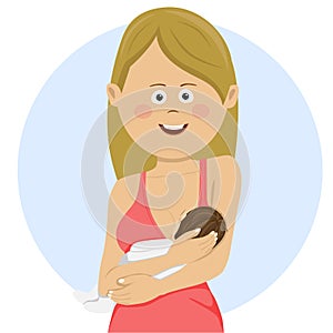 Pretty woman holding a newborn baby in her arms breastfeeding