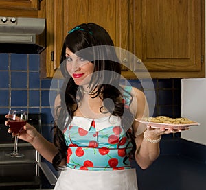 Pretty Woman Holding Wine and Cookies