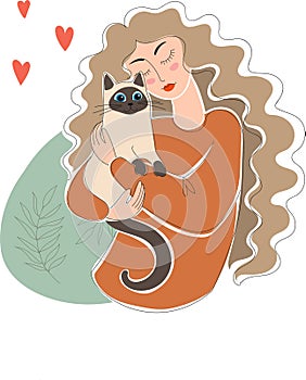 Pretty woman hug her cat Loving domestic pets and cat person concept. vector illustration
