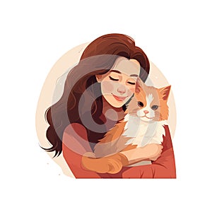 Pretty woman hug her cat Loving domestic pets and cat. Vector illustration design