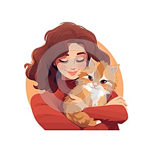 Pretty woman hug her cat Loving domestic pets and cat. Vector illustration design