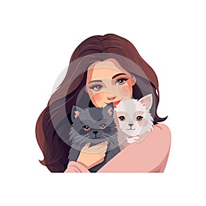 Pretty woman hug her cat Loving domestic pets and cat. Vector illustration design