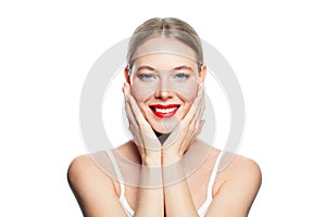 Pretty woman isolated on white. Healthy model girl with clear skin. Skincare and facial treatment concept