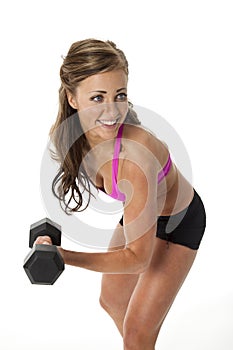 Pretty Woman Lifting Dumbbells on White Background