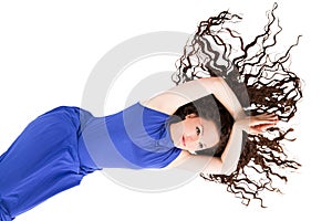 Pretty woman with long beautiful curly brown hair isolated on white