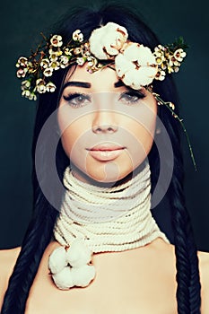 Pretty Woman with Long Black Hair and Flowers Crown. Ethnic Beau