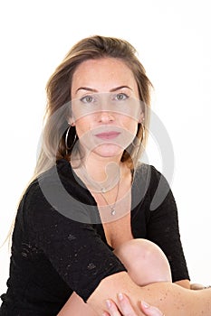 Pretty woman with long blonde fair hair dressed casually looking camera  isolated against blank studio background